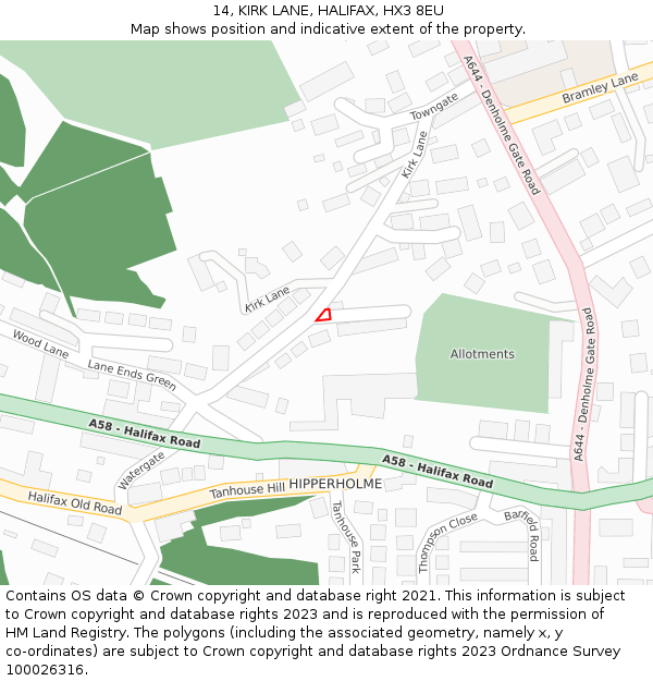 14, KIRK LANE, HALIFAX, HX3 8EU: Location map and indicative extent of plot