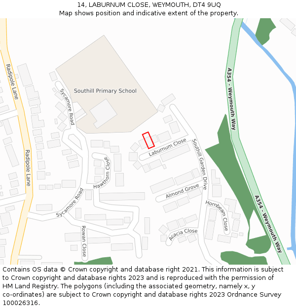 14, LABURNUM CLOSE, WEYMOUTH, DT4 9UQ: Location map and indicative extent of plot