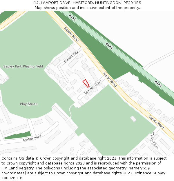 14, LAMPORT DRIVE, HARTFORD, HUNTINGDON, PE29 1ES: Location map and indicative extent of plot