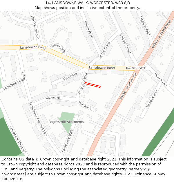 14, LANSDOWNE WALK, WORCESTER, WR3 8JB: Location map and indicative extent of plot