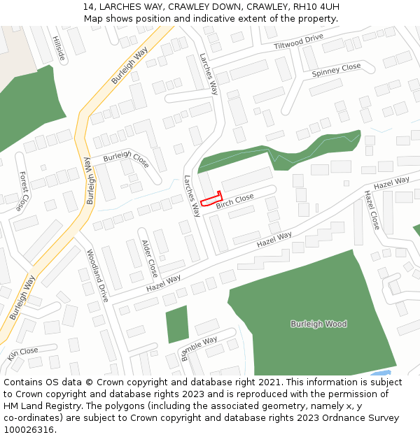 14, LARCHES WAY, CRAWLEY DOWN, CRAWLEY, RH10 4UH: Location map and indicative extent of plot