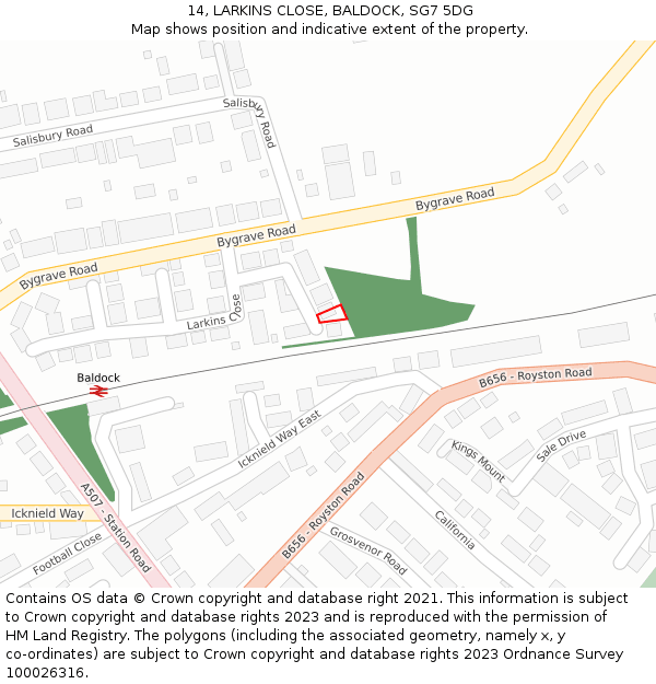 14, LARKINS CLOSE, BALDOCK, SG7 5DG: Location map and indicative extent of plot