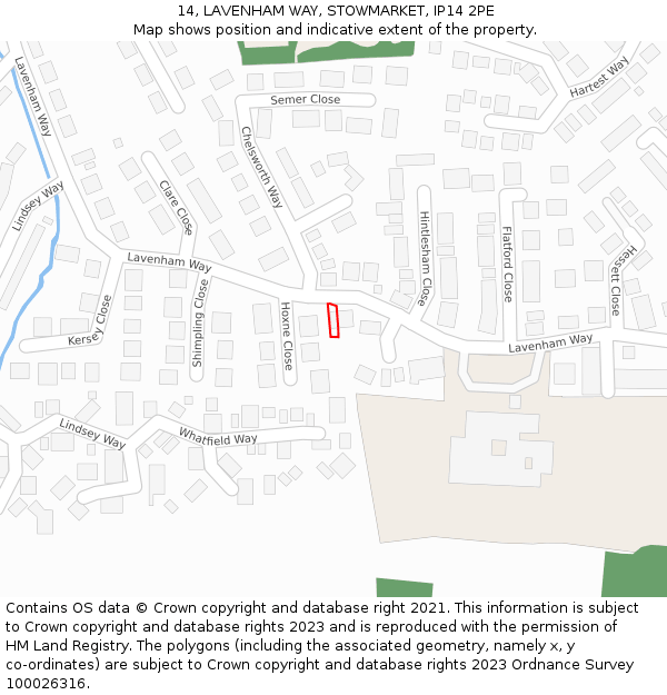 14, LAVENHAM WAY, STOWMARKET, IP14 2PE: Location map and indicative extent of plot