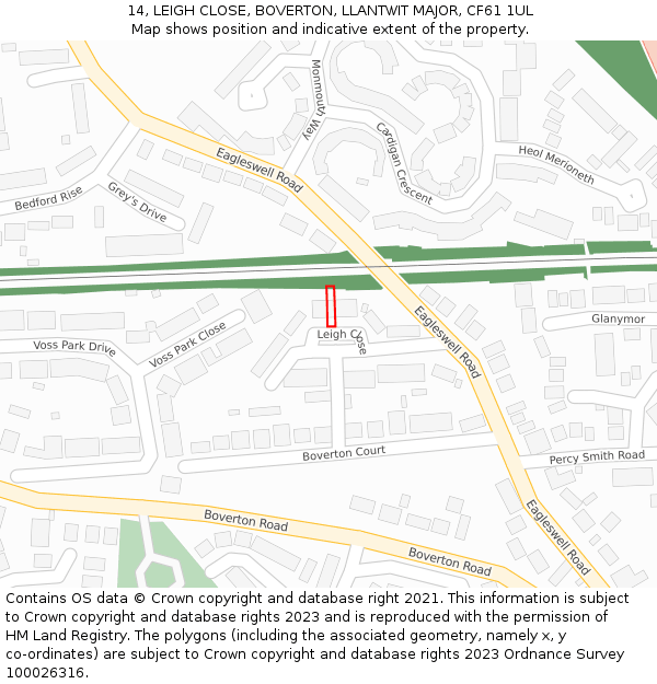 14, LEIGH CLOSE, BOVERTON, LLANTWIT MAJOR, CF61 1UL: Location map and indicative extent of plot
