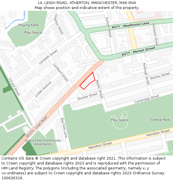 14, LEIGH ROAD, ATHERTON, MANCHESTER, M46 0NA: Location map and indicative extent of plot