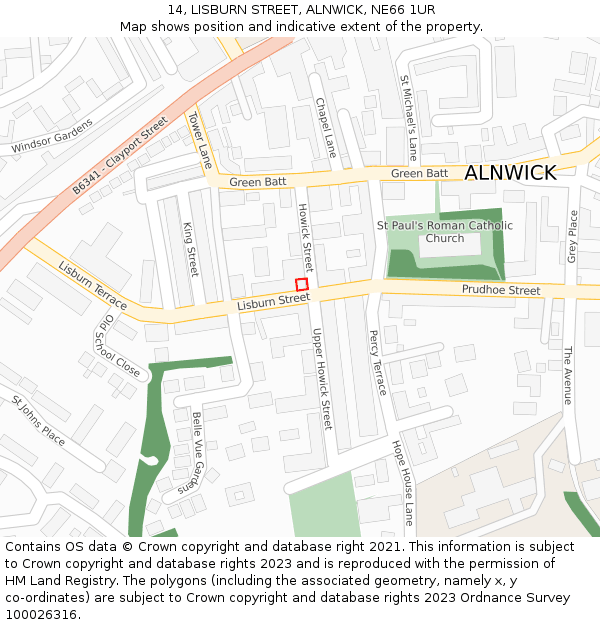 14, LISBURN STREET, ALNWICK, NE66 1UR: Location map and indicative extent of plot