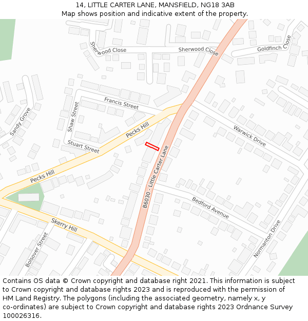 14, LITTLE CARTER LANE, MANSFIELD, NG18 3AB: Location map and indicative extent of plot