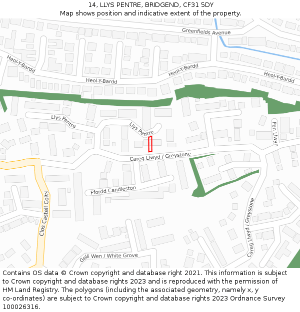 14, LLYS PENTRE, BRIDGEND, CF31 5DY: Location map and indicative extent of plot