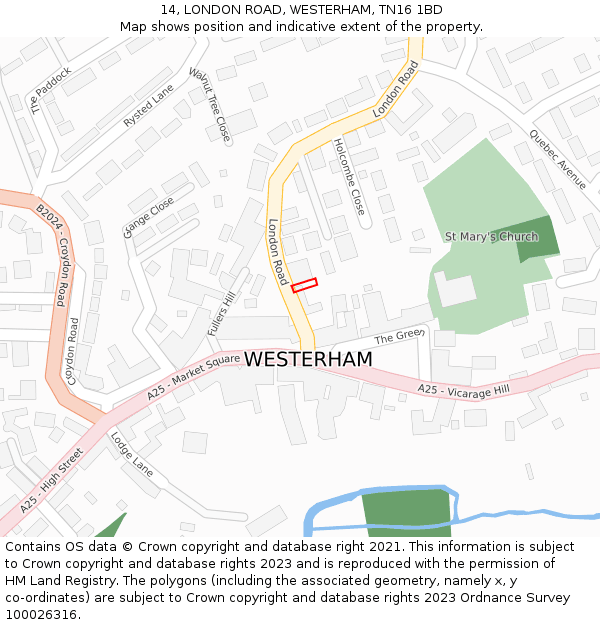 14, LONDON ROAD, WESTERHAM, TN16 1BD: Location map and indicative extent of plot