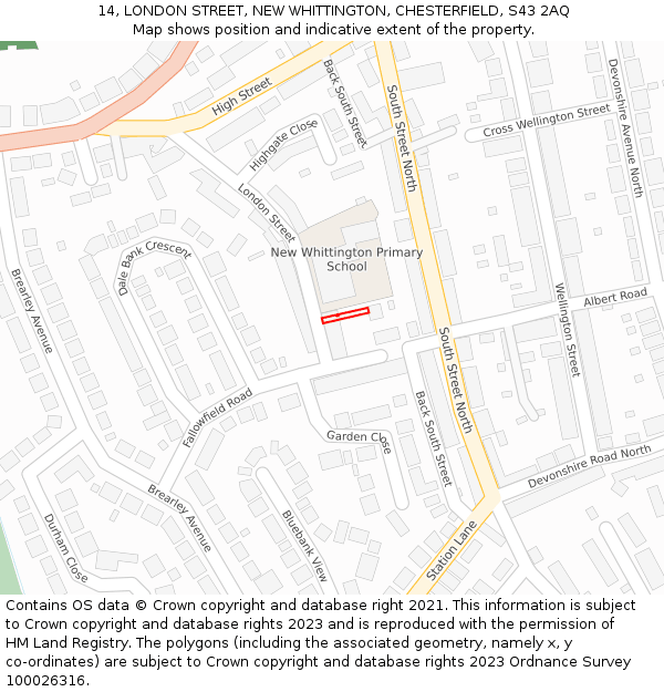 14, LONDON STREET, NEW WHITTINGTON, CHESTERFIELD, S43 2AQ: Location map and indicative extent of plot