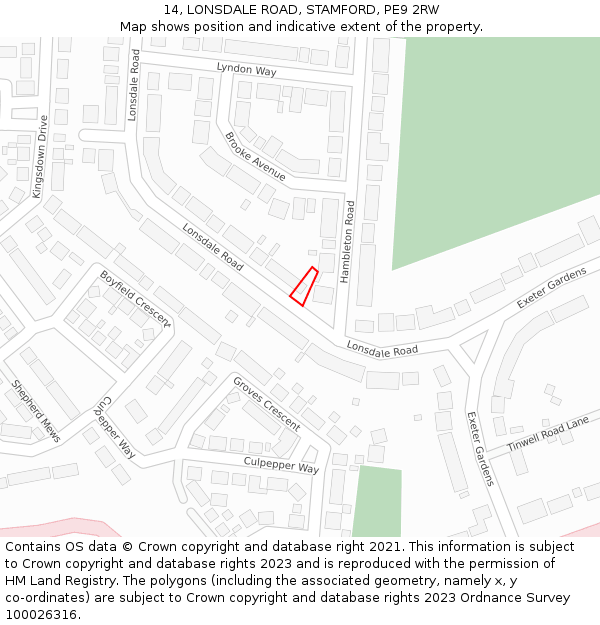 14, LONSDALE ROAD, STAMFORD, PE9 2RW: Location map and indicative extent of plot