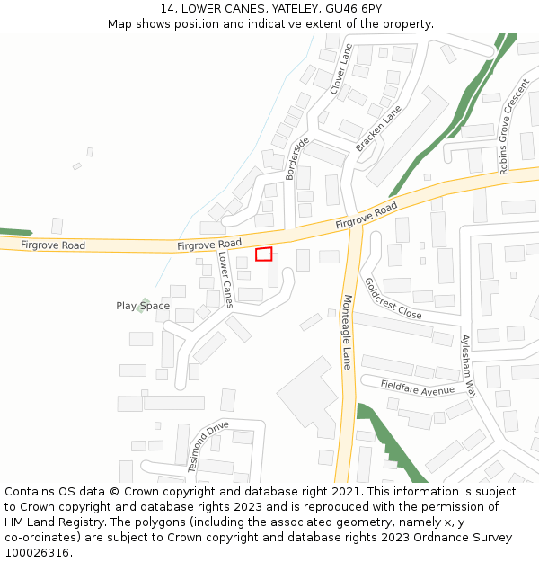 14, LOWER CANES, YATELEY, GU46 6PY: Location map and indicative extent of plot