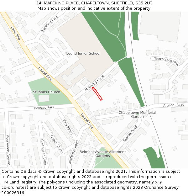 14, MAFEKING PLACE, CHAPELTOWN, SHEFFIELD, S35 2UT: Location map and indicative extent of plot