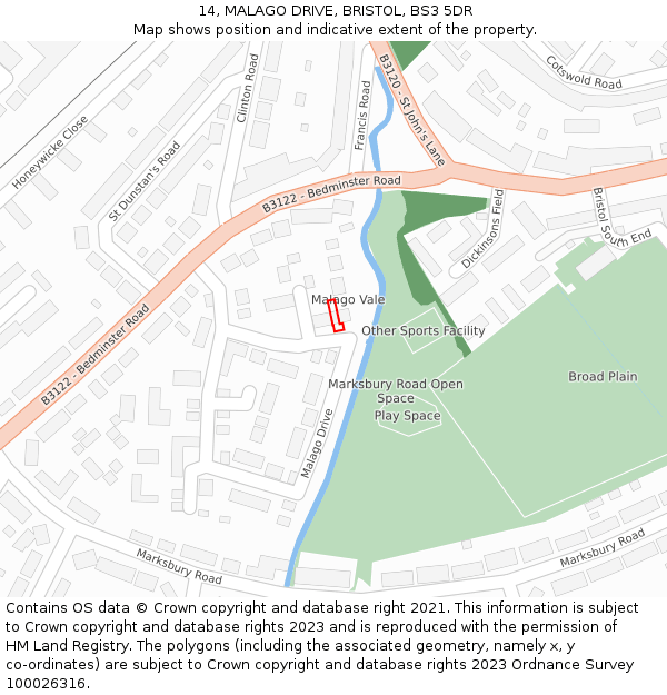 14, MALAGO DRIVE, BRISTOL, BS3 5DR: Location map and indicative extent of plot