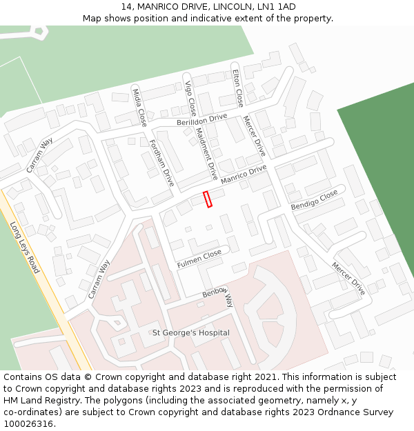 14, MANRICO DRIVE, LINCOLN, LN1 1AD: Location map and indicative extent of plot