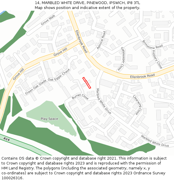 14, MARBLED WHITE DRIVE, PINEWOOD, IPSWICH, IP8 3TL: Location map and indicative extent of plot