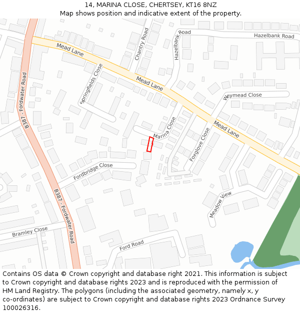 14, MARINA CLOSE, CHERTSEY, KT16 8NZ: Location map and indicative extent of plot