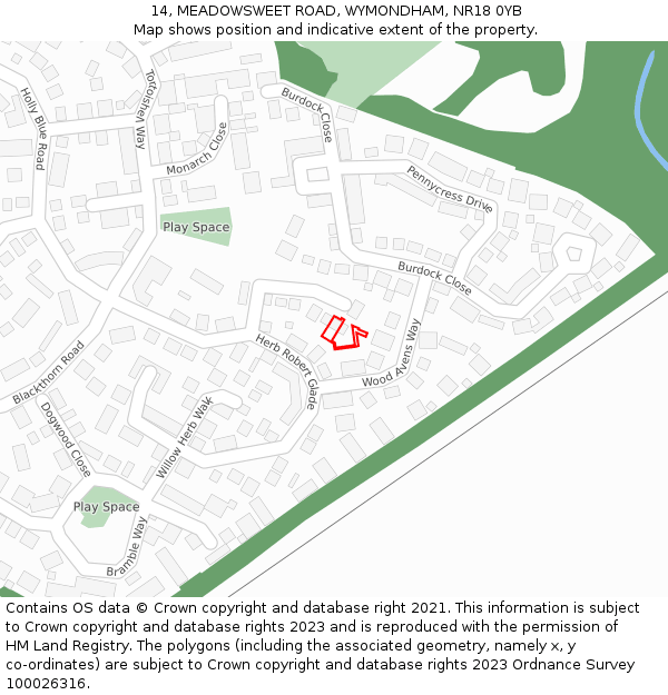14, MEADOWSWEET ROAD, WYMONDHAM, NR18 0YB: Location map and indicative extent of plot