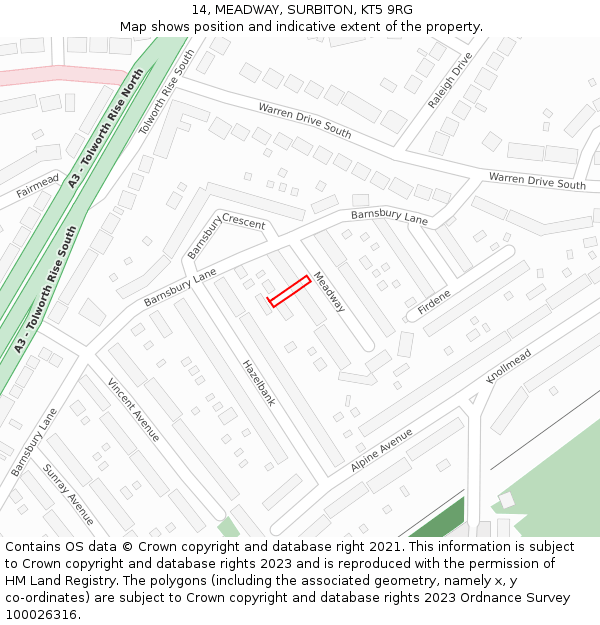 14, MEADWAY, SURBITON, KT5 9RG: Location map and indicative extent of plot