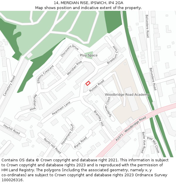 14, MERIDIAN RISE, IPSWICH, IP4 2GA: Location map and indicative extent of plot