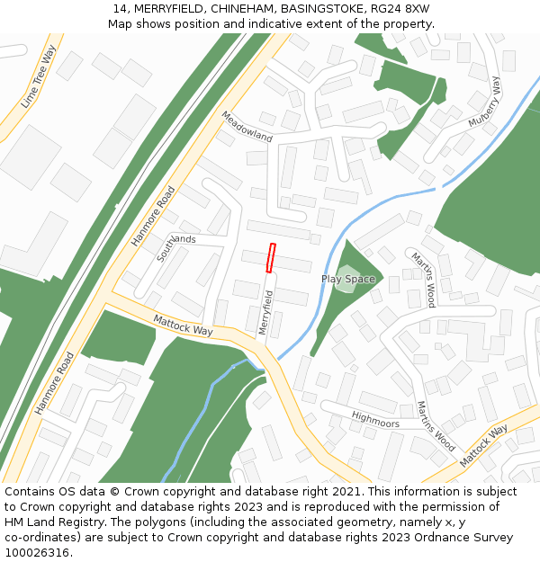 14, MERRYFIELD, CHINEHAM, BASINGSTOKE, RG24 8XW: Location map and indicative extent of plot