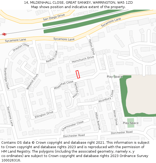 14, MILDENHALL CLOSE, GREAT SANKEY, WARRINGTON, WA5 1ZD: Location map and indicative extent of plot