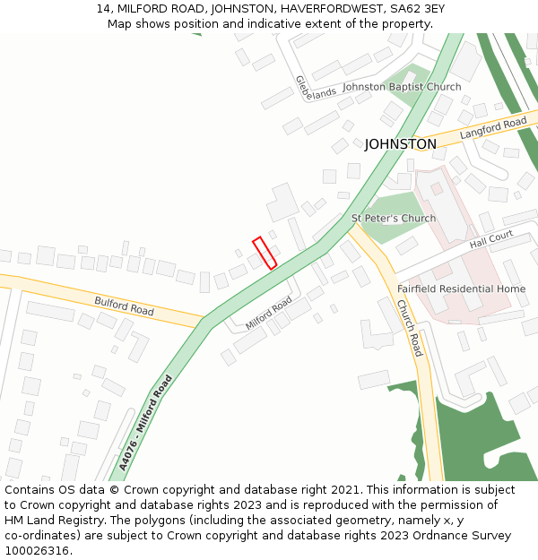 14, MILFORD ROAD, JOHNSTON, HAVERFORDWEST, SA62 3EY: Location map and indicative extent of plot