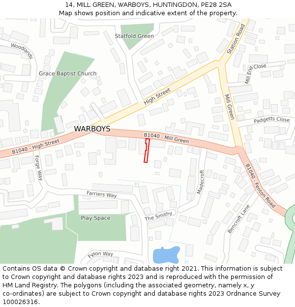 14, MILL GREEN, WARBOYS, HUNTINGDON, PE28 2SA: Location map and indicative extent of plot