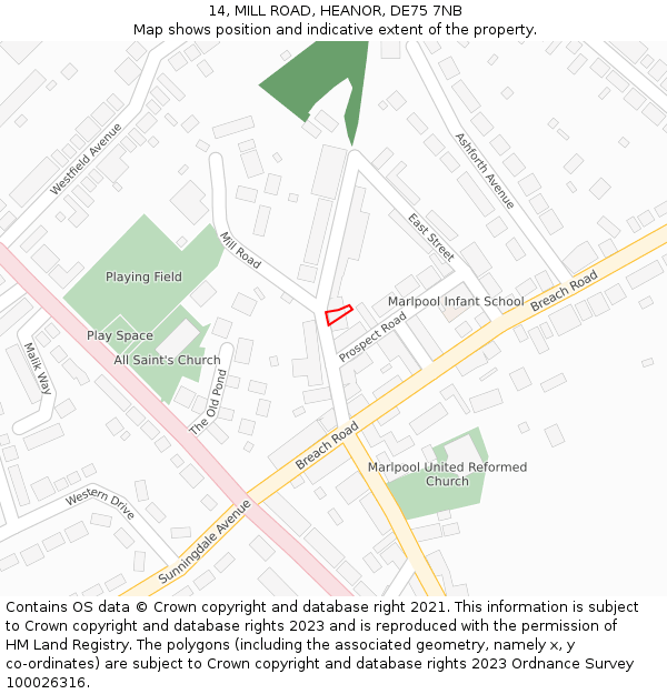 14, MILL ROAD, HEANOR, DE75 7NB: Location map and indicative extent of plot