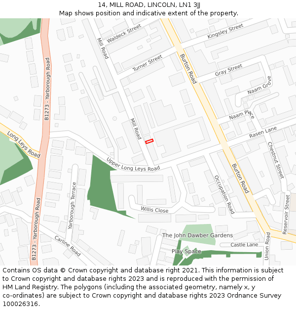14, MILL ROAD, LINCOLN, LN1 3JJ: Location map and indicative extent of plot