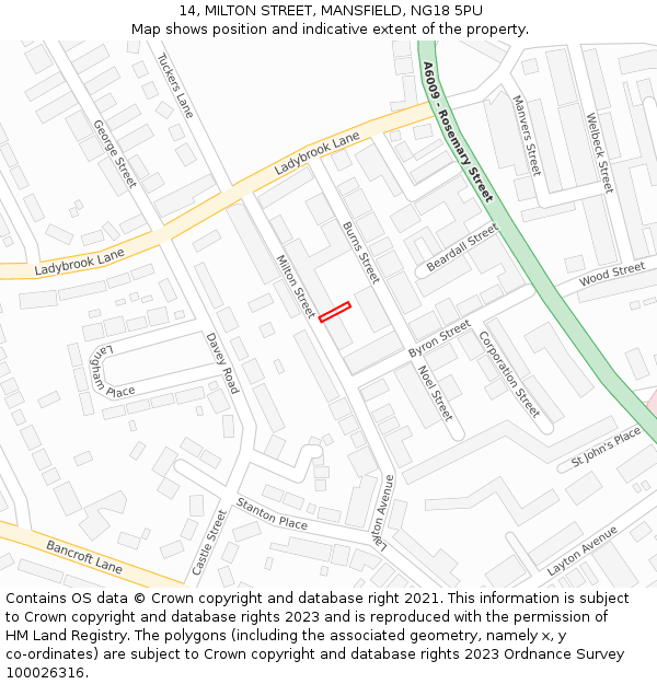14, MILTON STREET, MANSFIELD, NG18 5PU: Location map and indicative extent of plot