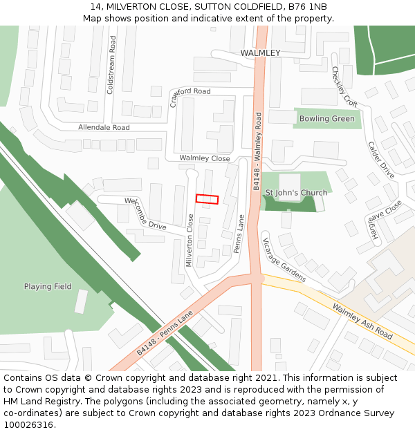 14, MILVERTON CLOSE, SUTTON COLDFIELD, B76 1NB: Location map and indicative extent of plot