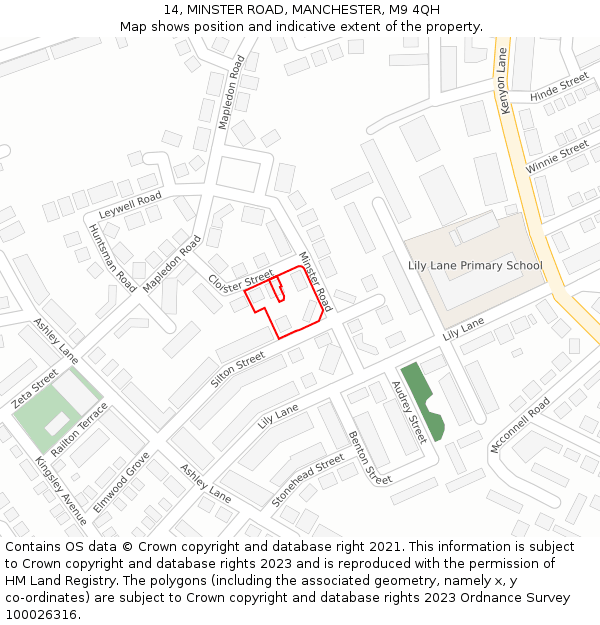 14, MINSTER ROAD, MANCHESTER, M9 4QH: Location map and indicative extent of plot