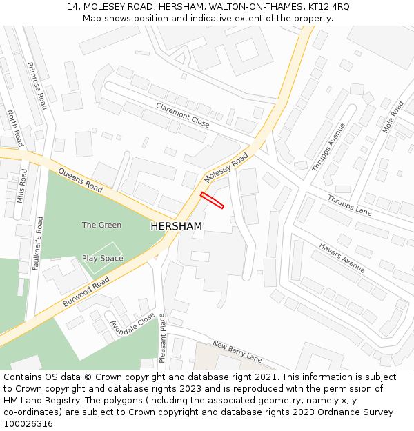 14, MOLESEY ROAD, HERSHAM, WALTON-ON-THAMES, KT12 4RQ: Location map and indicative extent of plot