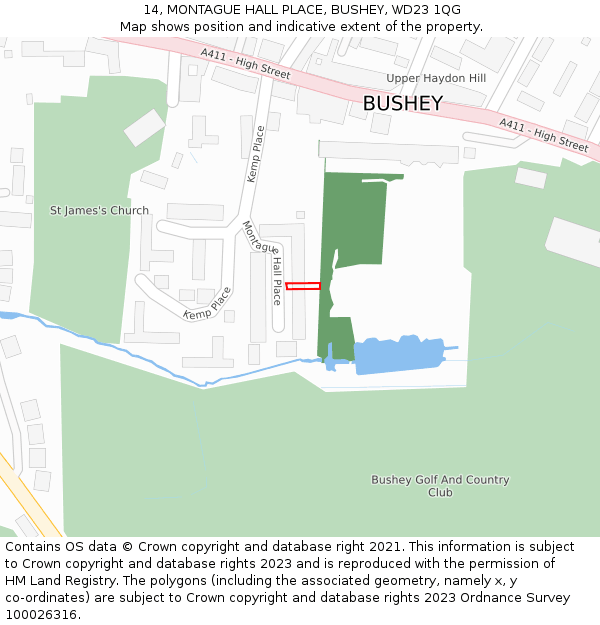 14, MONTAGUE HALL PLACE, BUSHEY, WD23 1QG: Location map and indicative extent of plot