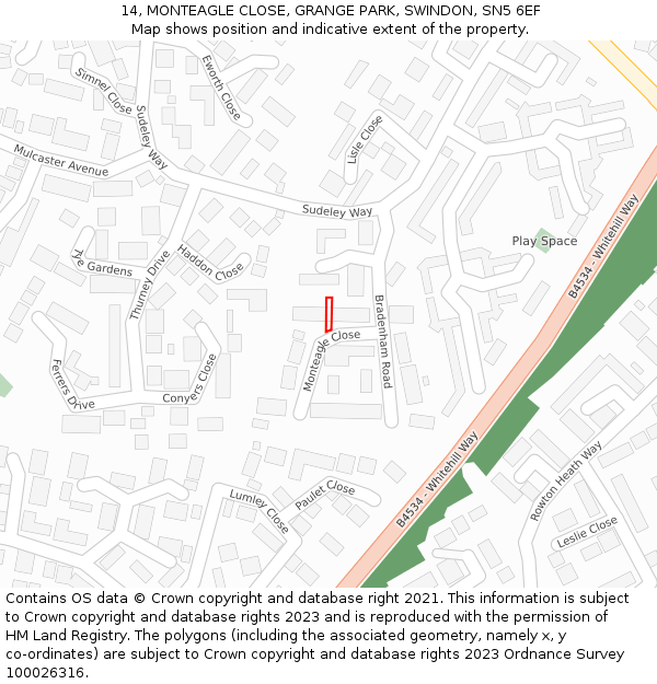 14, MONTEAGLE CLOSE, GRANGE PARK, SWINDON, SN5 6EF: Location map and indicative extent of plot