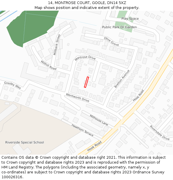 14, MONTROSE COURT, GOOLE, DN14 5XZ: Location map and indicative extent of plot