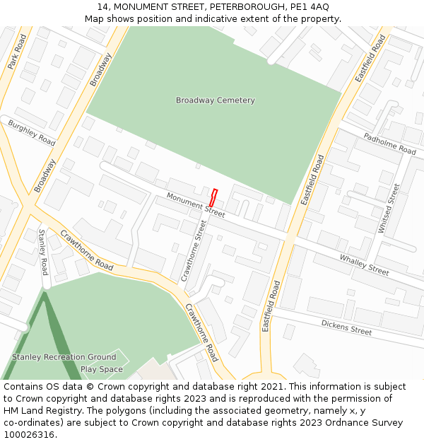 14, MONUMENT STREET, PETERBOROUGH, PE1 4AQ: Location map and indicative extent of plot
