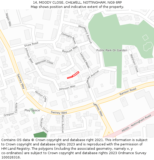 14, MOODY CLOSE, CHILWELL, NOTTINGHAM, NG9 6RP: Location map and indicative extent of plot