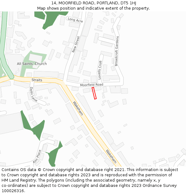 14, MOORFIELD ROAD, PORTLAND, DT5 1HJ: Location map and indicative extent of plot