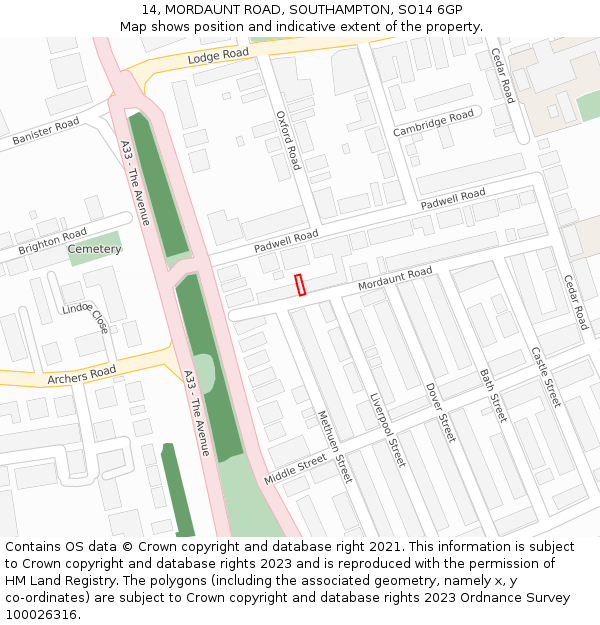 14, MORDAUNT ROAD, SOUTHAMPTON, SO14 6GP: Location map and indicative extent of plot