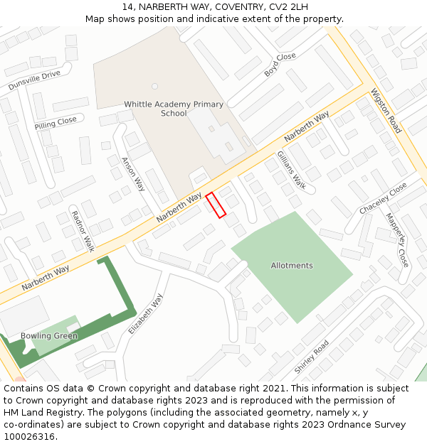 14, NARBERTH WAY, COVENTRY, CV2 2LH: Location map and indicative extent of plot