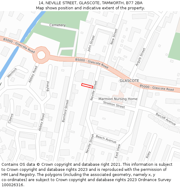 14, NEVILLE STREET, GLASCOTE, TAMWORTH, B77 2BA: Location map and indicative extent of plot