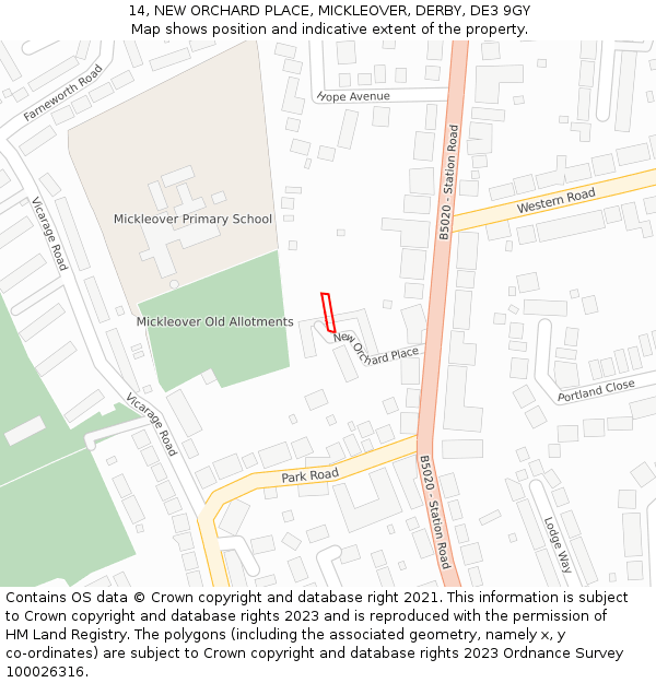 14, NEW ORCHARD PLACE, MICKLEOVER, DERBY, DE3 9GY: Location map and indicative extent of plot