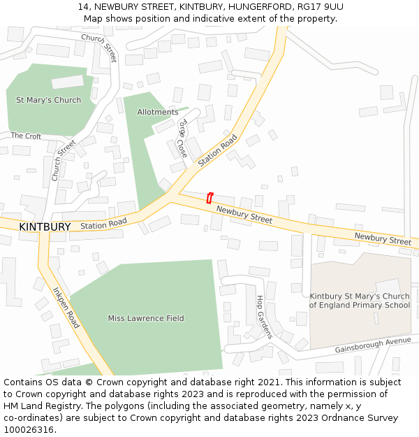 14, NEWBURY STREET, KINTBURY, HUNGERFORD, RG17 9UU: Location map and indicative extent of plot