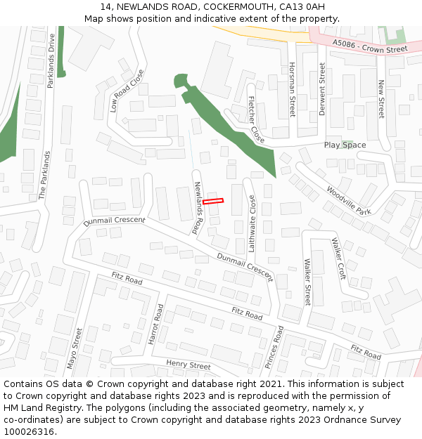 14, NEWLANDS ROAD, COCKERMOUTH, CA13 0AH: Location map and indicative extent of plot