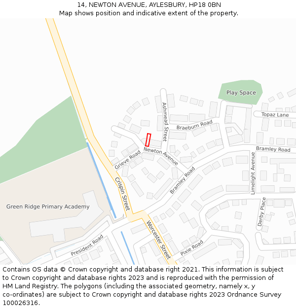 14, NEWTON AVENUE, AYLESBURY, HP18 0BN: Location map and indicative extent of plot
