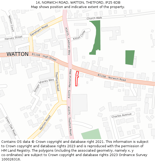 14, NORWICH ROAD, WATTON, THETFORD, IP25 6DB: Location map and indicative extent of plot