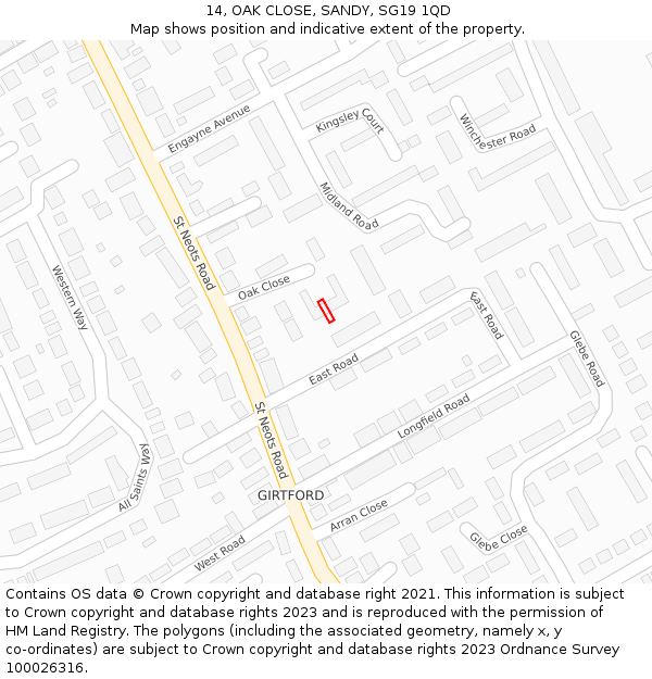 14, OAK CLOSE, SANDY, SG19 1QD: Location map and indicative extent of plot