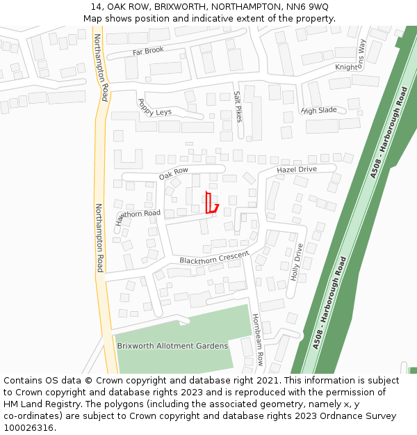 14, OAK ROW, BRIXWORTH, NORTHAMPTON, NN6 9WQ: Location map and indicative extent of plot